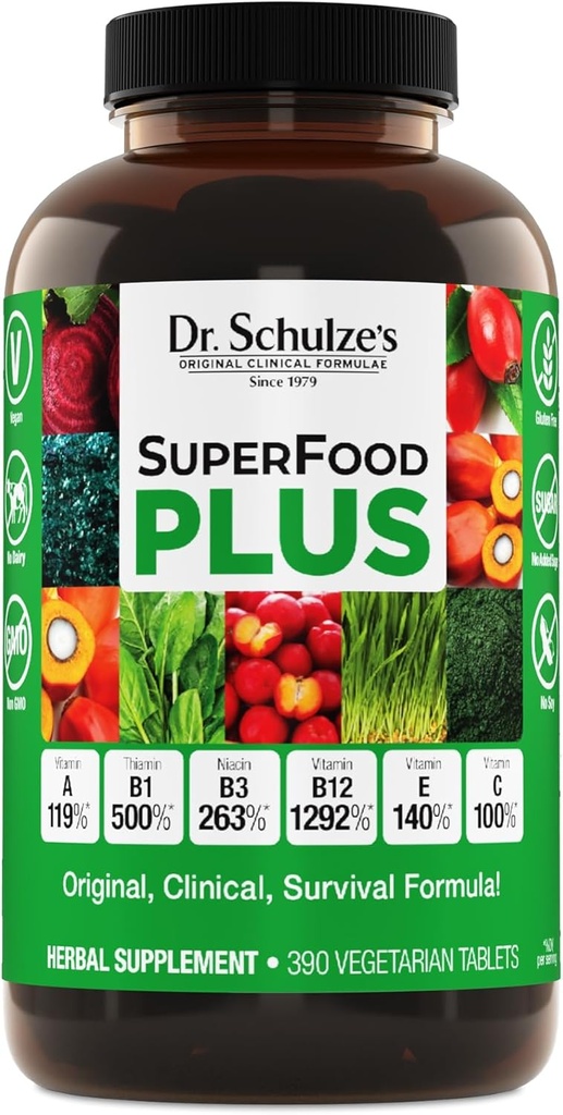Dr. Schulze'nin SuperFood Plus | Vitamin & Mineral Herbal Mekanik | Günlük Beslenme ve Artan Enerji | Gluten-Free & Non-GMO | Vegan | 390 Tabs | Ambalaj Vary