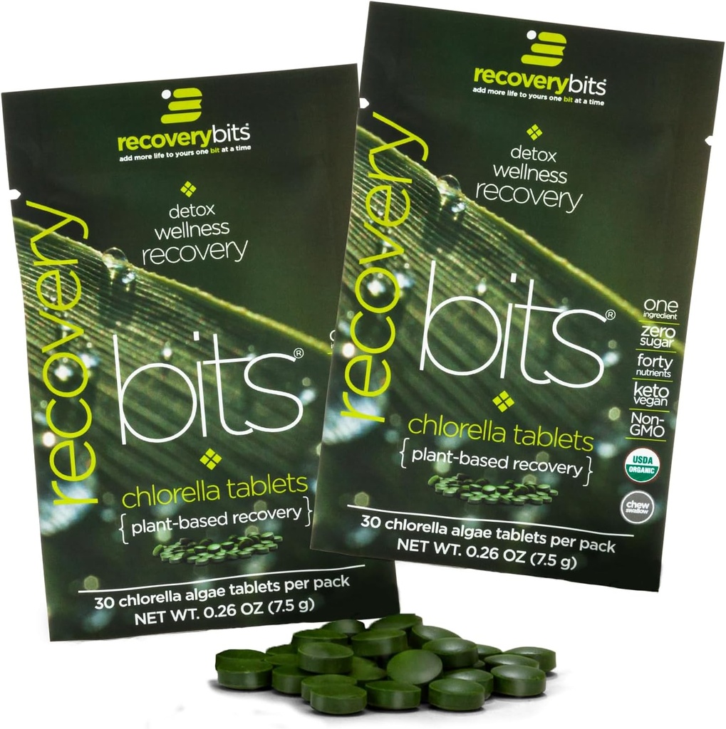 RECOVERYbits Organic Chlorella Algae Tablets, Superfood, Pure Green Algae, High Protein and Fiber, Chlorophyll, Cracked Cell Wall Non-Irradiated, for Immune Boosting and Detox, Non-GMO, 60 Tablets