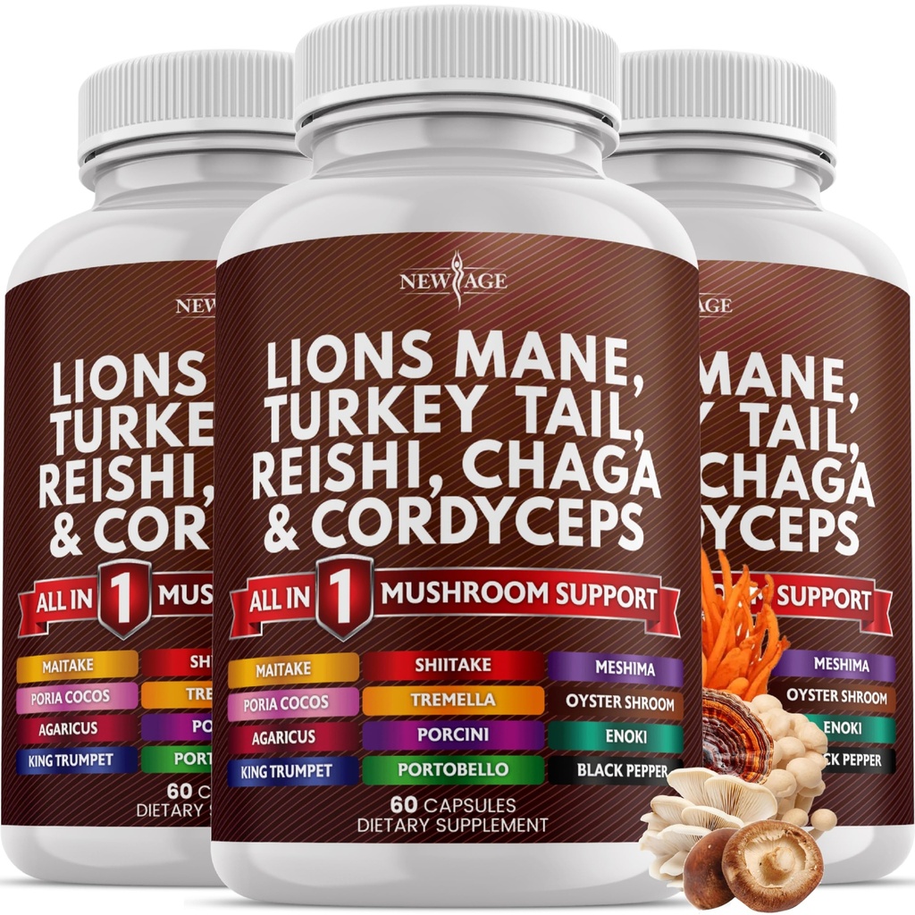 NEW AGE Lions Mane Mushroom Supplement with Turkey Tail Reishi Cordyceps Chaga with Marshmallow Root 180