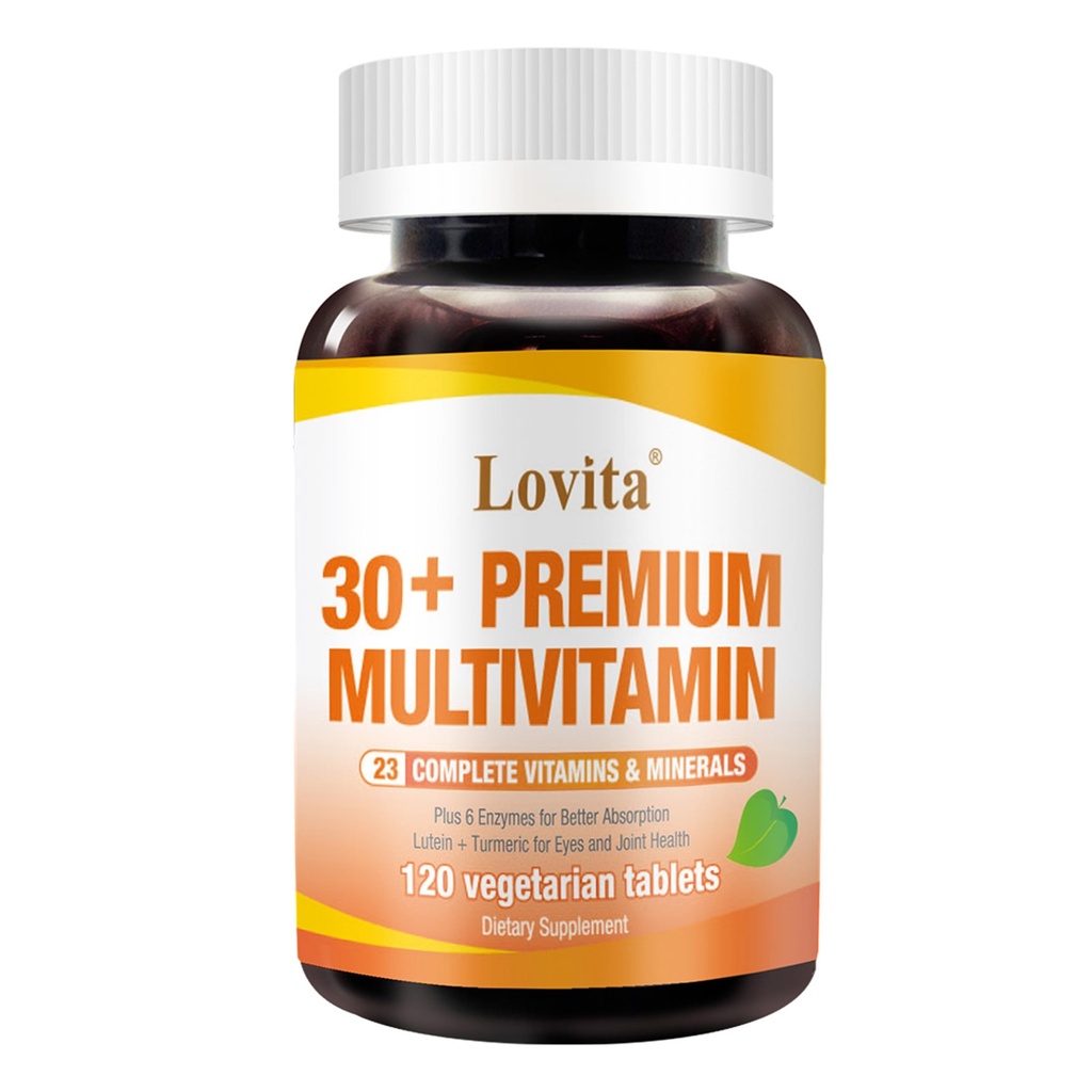 Lovita Premium Πολυβιταμίνη για Ενήλικες 30+ με Ένζυμα, Κουρκουμάς & Πλήρης υποστήριξη θρεπτικών συστατικών - 120 χορτοφαγικά δισκία