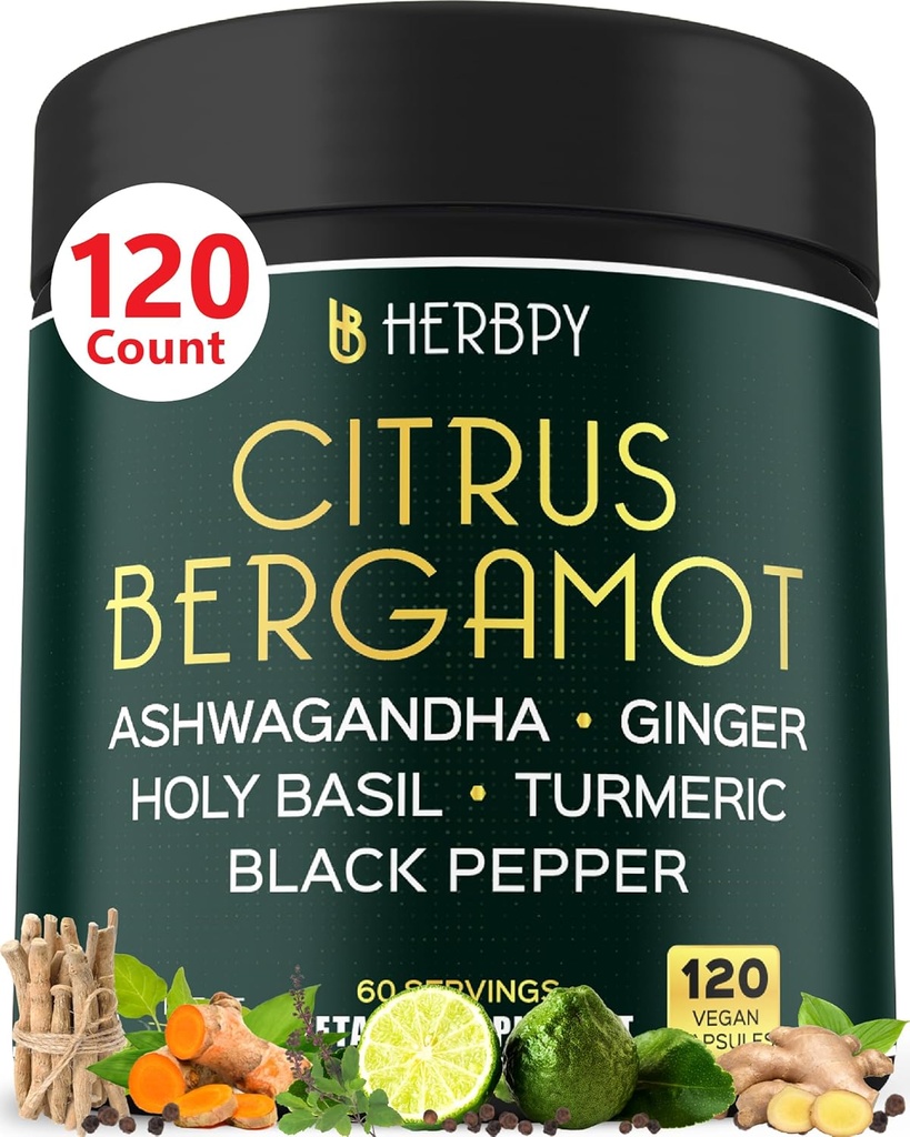 6in1 Citrus Bergamot Supplement with Ashwagandha, Holy Basil, Turmeric & Ginger Root - Sağlıklı Ağlama, Immune & Relaxation - 120 Vegan Capsules