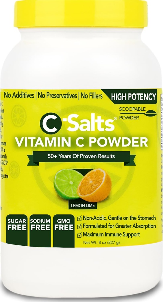 C-Salts Vitamin C Toz Supplement - 100% Pure High Dose Buffered Vitamin C Toz Immune Support - Organik, Sugar-Free, Vegan, Non-GMO, Stomach-Friendly, Lemon Lime 8oz