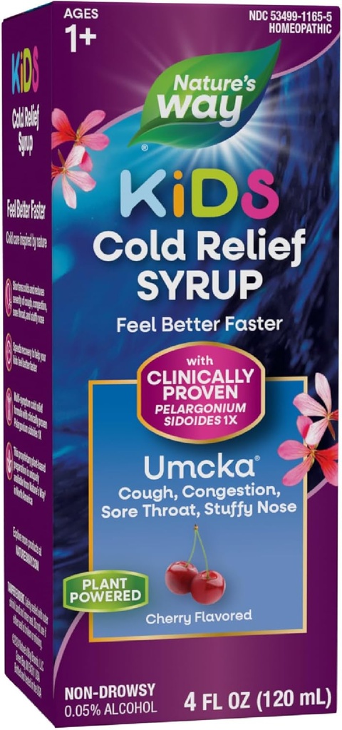 Nature's Way Cold Relief Syrup for Kids 1+, Umcka, Shortens Duration & Reduces Severity, Multi-Symptom Cold Relief, Homeopathic, Phenylephrine Free, Cherry Flavored, 4 Fl Oz (Pazarlama May Vary)