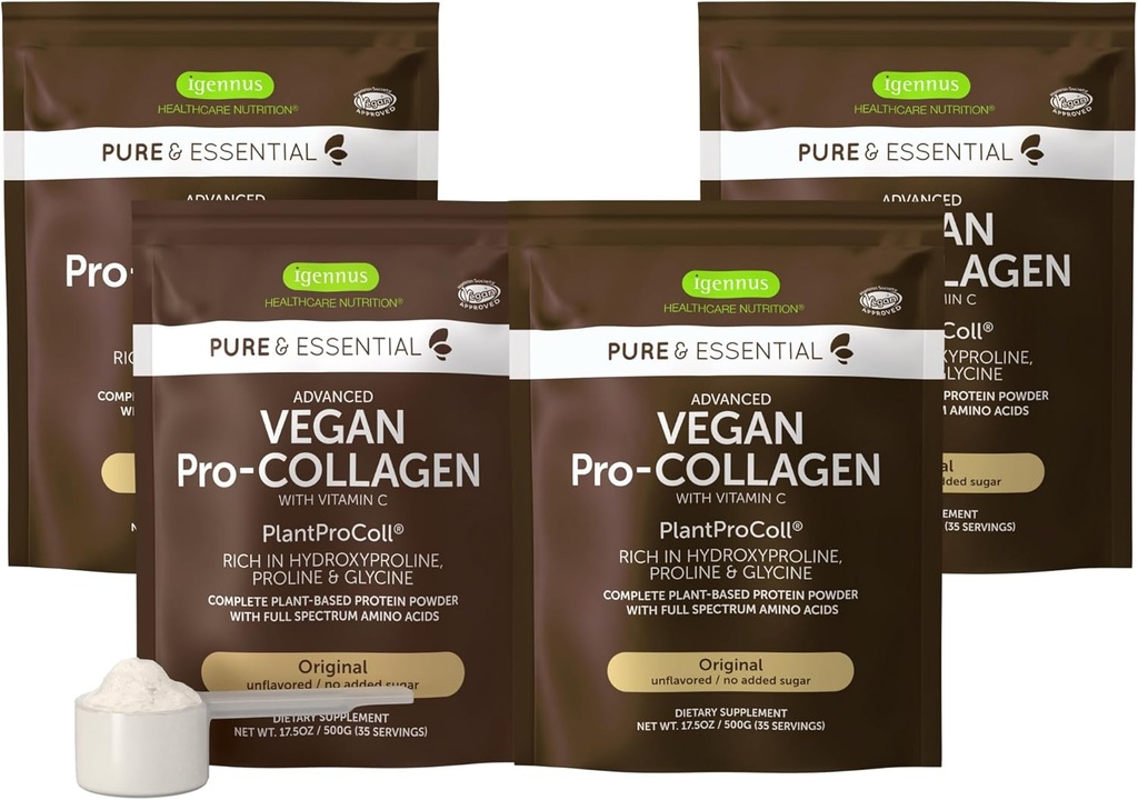 Igennus Vegan Collagen Peptide Powder, Ενισχυμένη με Glycine, Proline & Hydroxyproline & Cofactor Vitamin C, Non GMO, Complete Vegetarian Plant Based Collagen Powder Booster, 4 x 35 Μερίδες