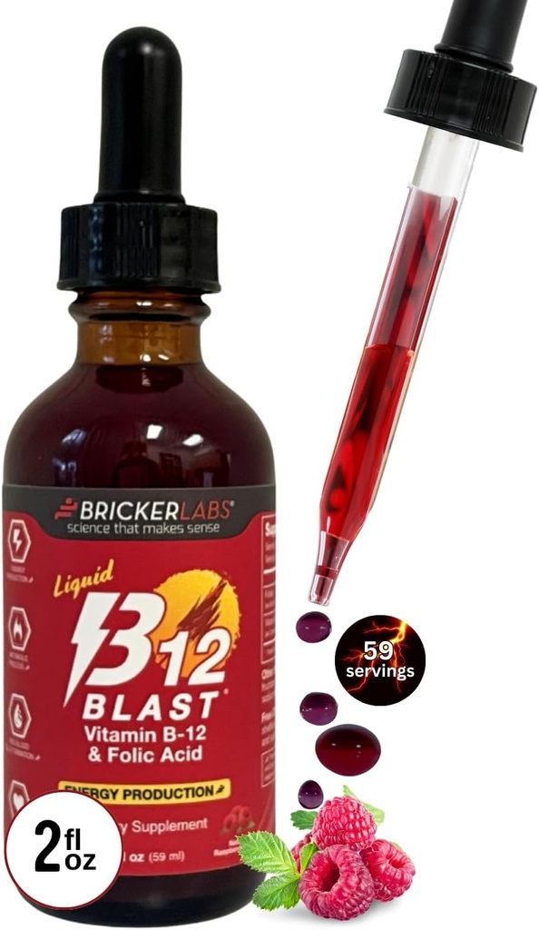 Briker Labs B-12 Blast Liquid Vitamin B12 και συμπλήρωμα φολικό οξύ, παραγωγή ενέργειας υποστήριξης, μεγάλη γεύση υγρή βιταμίνη B12 συμπλήρωμα διατροφής σε φυσικό σμέουρο άρωμα, 2 fl oz μπουκάλι