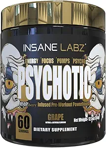 Insane Labz Psychotic Gold, High Stimulant Pre Workout Toz, Extreme Lasting Energy, Pumps and Endurance with Beta Alanine, DMAE Bitartrate, NO ATM (60 Hizmet, Grape)