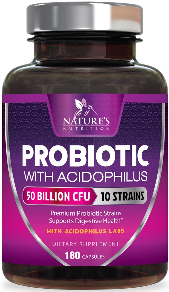 Hizmet başına 60 milyar CFU - 10 Strains + Prebiyotik - Digestive Health, Gut & Immune Support - Supports Occasional Constipation, Gas & Bloating for Women & Men Raf Stable - 180 Capsules