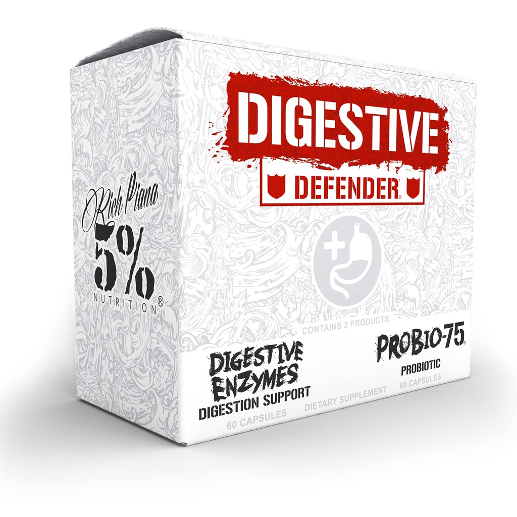 5% Nutrition Rich Piana Digestive Defender 2-in-1 Box with Probio-75 | Probiotic + Prebiotic & Diges-Ten Digestive Enzyme Formula (30 Svgs)