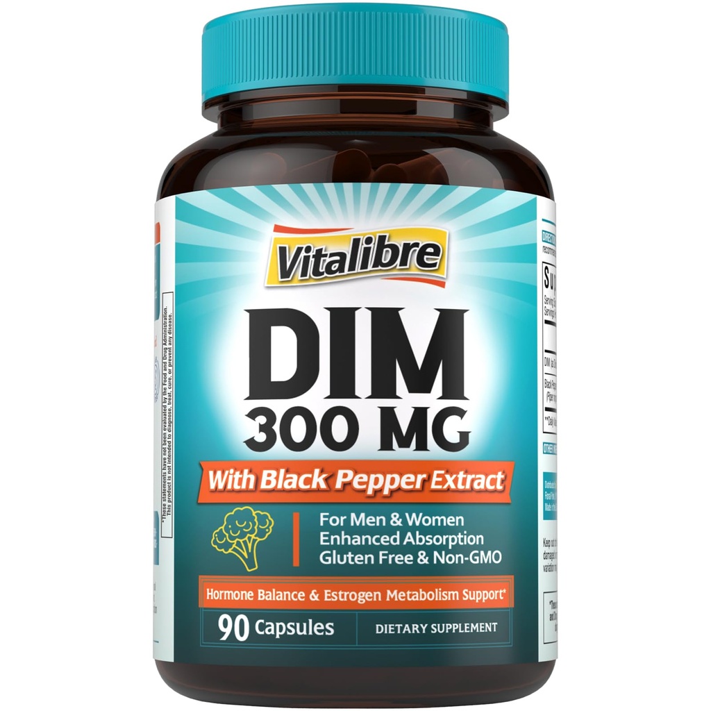 DIM Supplement for Women & Men, Estrogen Metabolism, Hormon Denge & Menopause Support, DIM 300 mg with Black Pepper Extract, High Abxia, 90 Capsulesm