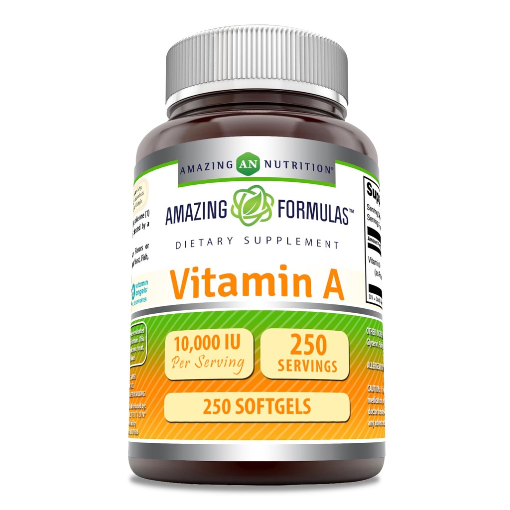 Amazing Formulas Vitamin A 10000 IU Supplement | Retinyl Palmitate | 3000 Mcg | Softgels | Non-GMO | Gluten Free | Made in USA (1 Pack, 250 Count)