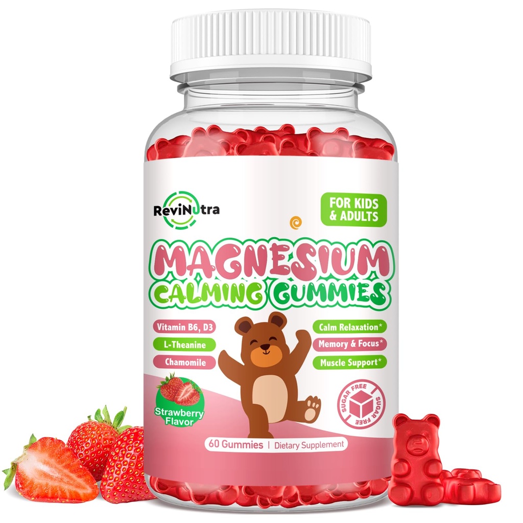 Çocuklar için Magnezyum Gummies - Magnezyum Glycinate Gummies Supplement with L-Theanine, Vitamin B6, D3 for Kids & Yetişkinler Sleep, Calm, Relaxation, Brain, Bones, Sugar Free Strawberry 60ct
