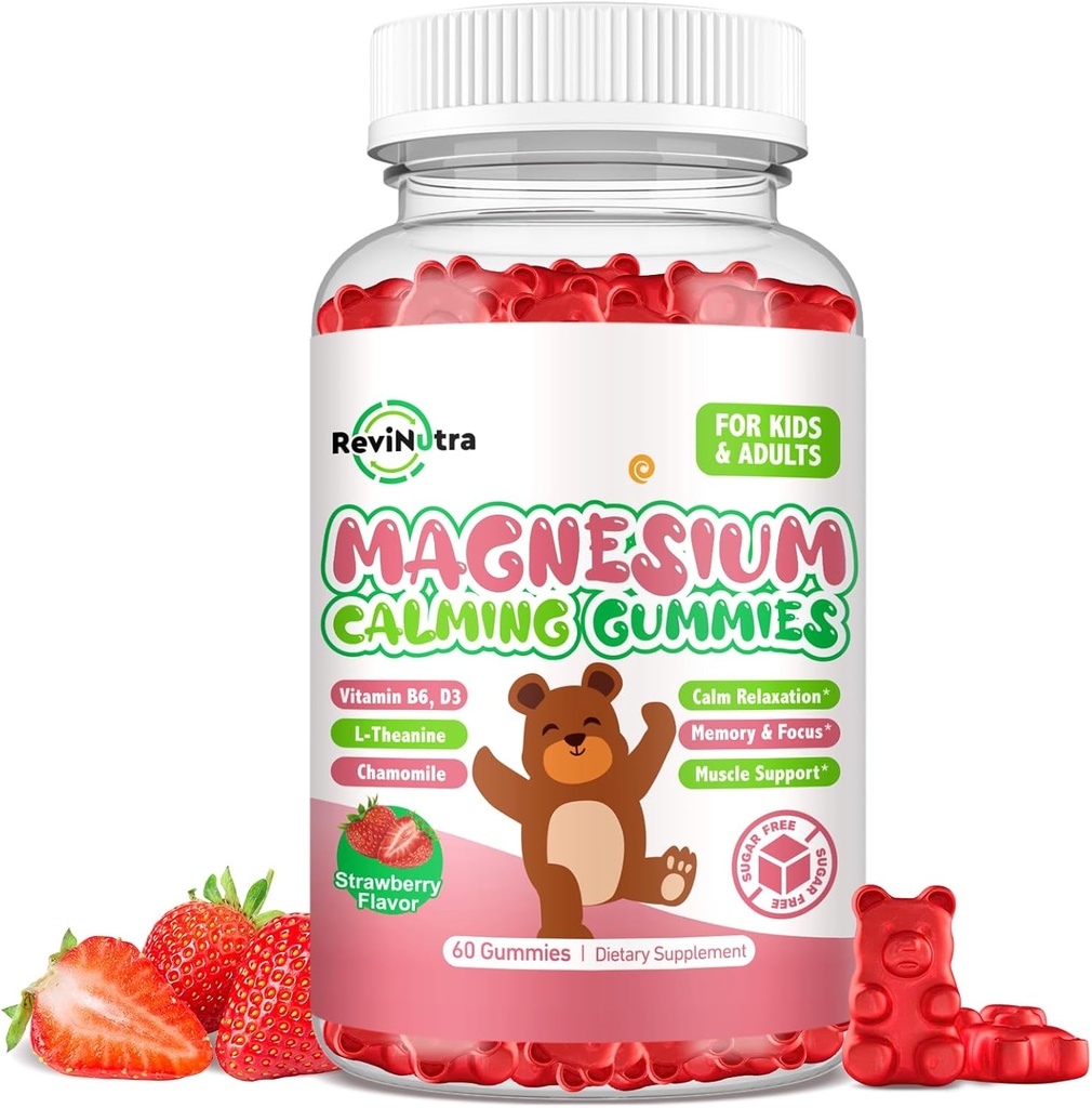Magnesium Gummies for Kids - Συμπληρώματα Glycinate Gummies μαγνησίου με L-Θεανίνη, Βιταμίνη Β6, D3 για Παιδιά & Ενήλικες Κοιμούνται, Ηρεμούν, Χαλαρώνουν, Εγκέφαλος, Οστά, Χωρίς Ζάχαρη Φράουλα 60ct