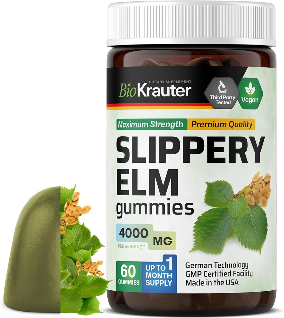 BIO KRAUTER Slippery Elm Gummies 4000 mg - 60 Count 30 Days of Supply - Digestive & αναπνευστική υποστήριξη - Ulmus Rubra Gummies for Lungs - Slippery Elm Bark for Women & Men - Vegan, GMO-Free