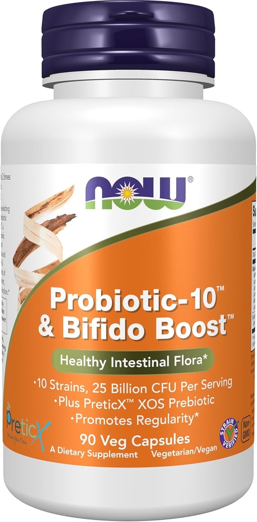 NOW Συμπληρώματα τροφίμων, Probiotic-10TM & Bifido BoostTM με 10 Strains, 25 Billion CFU ανά υπηρεσία, συν PreticXTM XOS Prebiotic, 90 Veg Κάψουλες