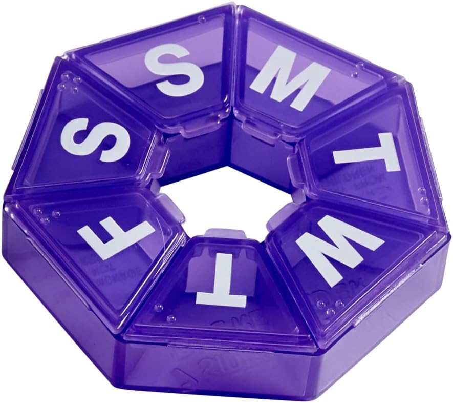 EZY DOSE Haftalık Pill Organizer, Tıp Kutusu ve Vitamin Planlayıcı, Seyahat Pill Planlayıcı, Portatif Depolama, 7Sided, Mor, Ted Free