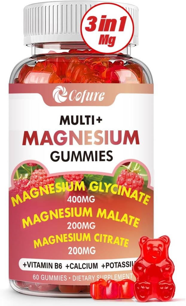 Triple Kompleksi 900 mg, Magnezyum Glycinate, Citrate, Malate with Pyum, Kalsiyum, Vitamin B6 for Calm & Sleep - Vegan, Non-GMO, Gluten Free - 60 Raspberry Gummies for Yetişkinler