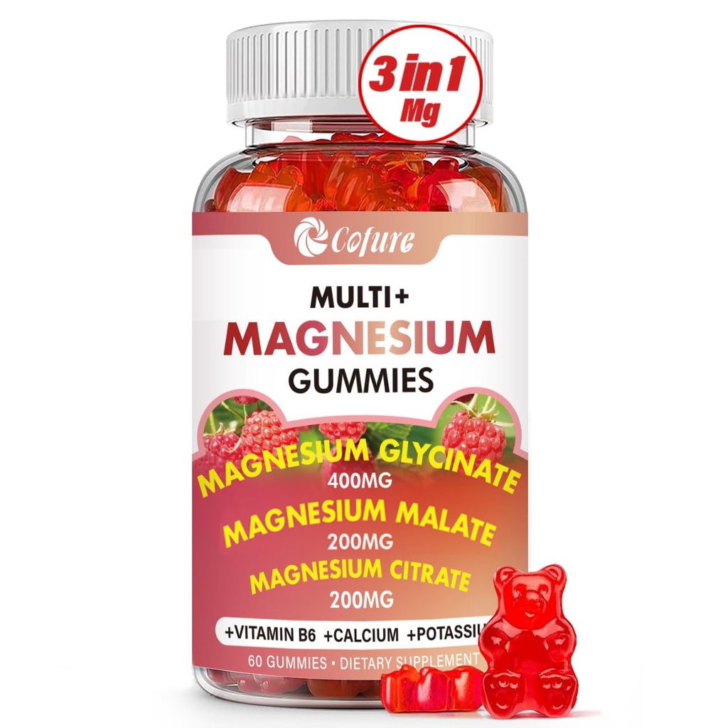 Triple Magnesium Complex 900 mg, Μαγνήσιο Γλυκινικό, Κιτρικό, Κακοήθης με Κάλιο, Ασβέστιο, Βιταμίνη Β6 για την ηρεμία & τον ύπνο - Vegan, Non-GMO, Gluten Free - 60 Raspberry Gummies για Ενήλικες