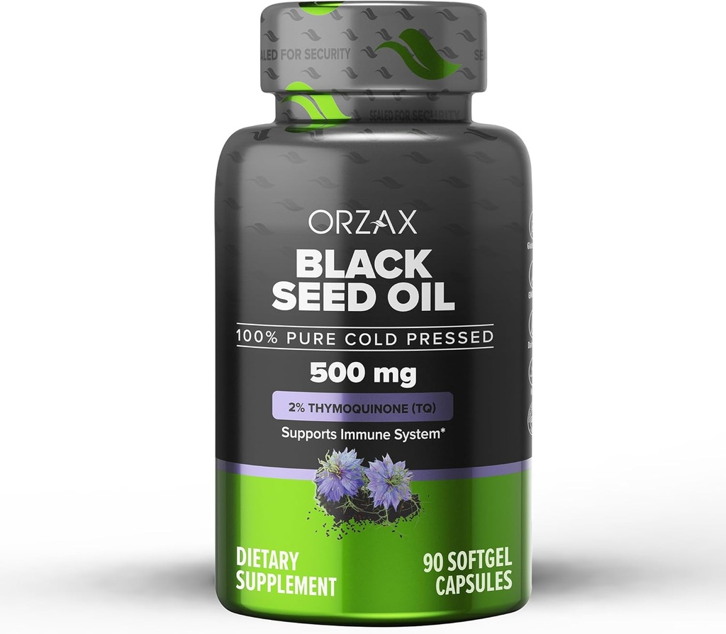ORZAX Black Seed Oil Cold Pressed 100% Pure | Non-GMO - Omega 3 6 9 & Thymoquinone | Black Cumin Nigella Sativa Oil for Immune Support, Hair, Skin, Face (500 mg - 90 Softgel Capsules)