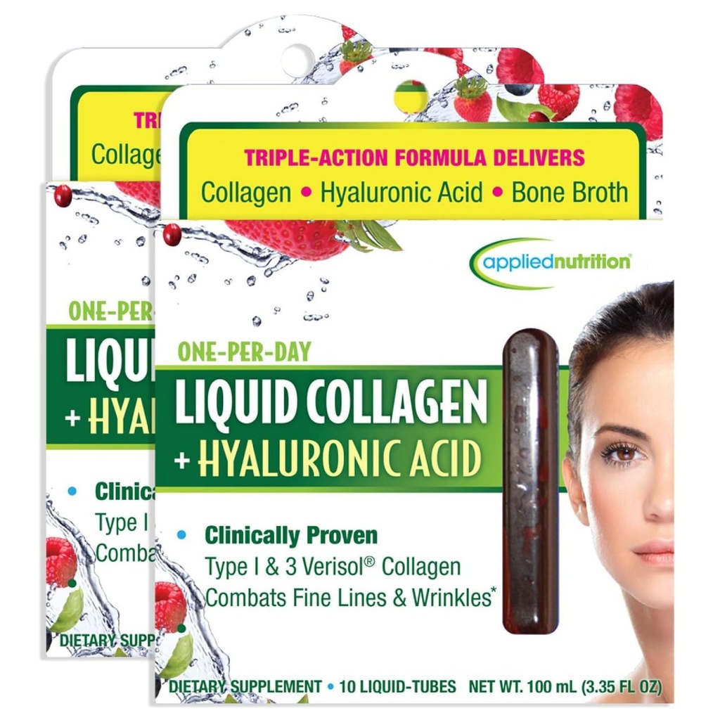 Uygulamalı Beslenme Sıvı Kolajn + Hyaluronik Asit - 10 Sıvı Tubes, 2 Paket - Skin & Nail Restorasyon - Karma Berry Flavor - 20 Hizmet