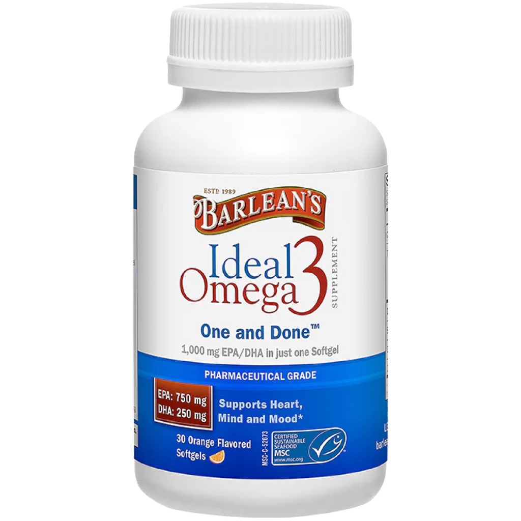 Barlean'ın İdeal Omega 3 Beslenme Supplement Softgels with 1.000 mg EPA/DHA for Heart, Mind, and Mood - Sertifikalı Sürdürülebilir Denizler, Farm Grade - 30-Count