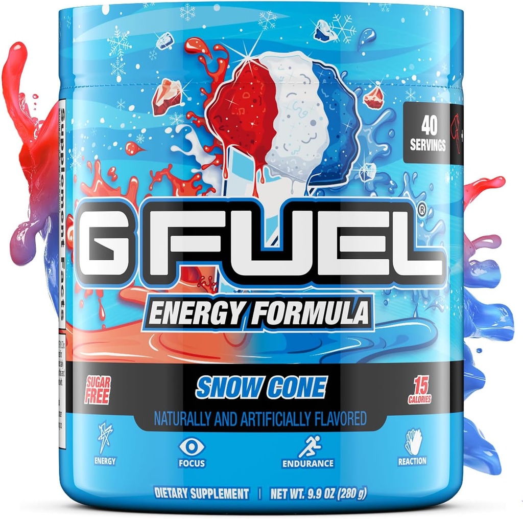 G Fuel Snow Cone Energy Drink Powder, Pre Processed Caffeine Mix for Gaming, Sugar Free Focus Amino, Βιταμίνη + Αντιοξειδωτικά, 9.9oz (Snow Cone, 40 Services)