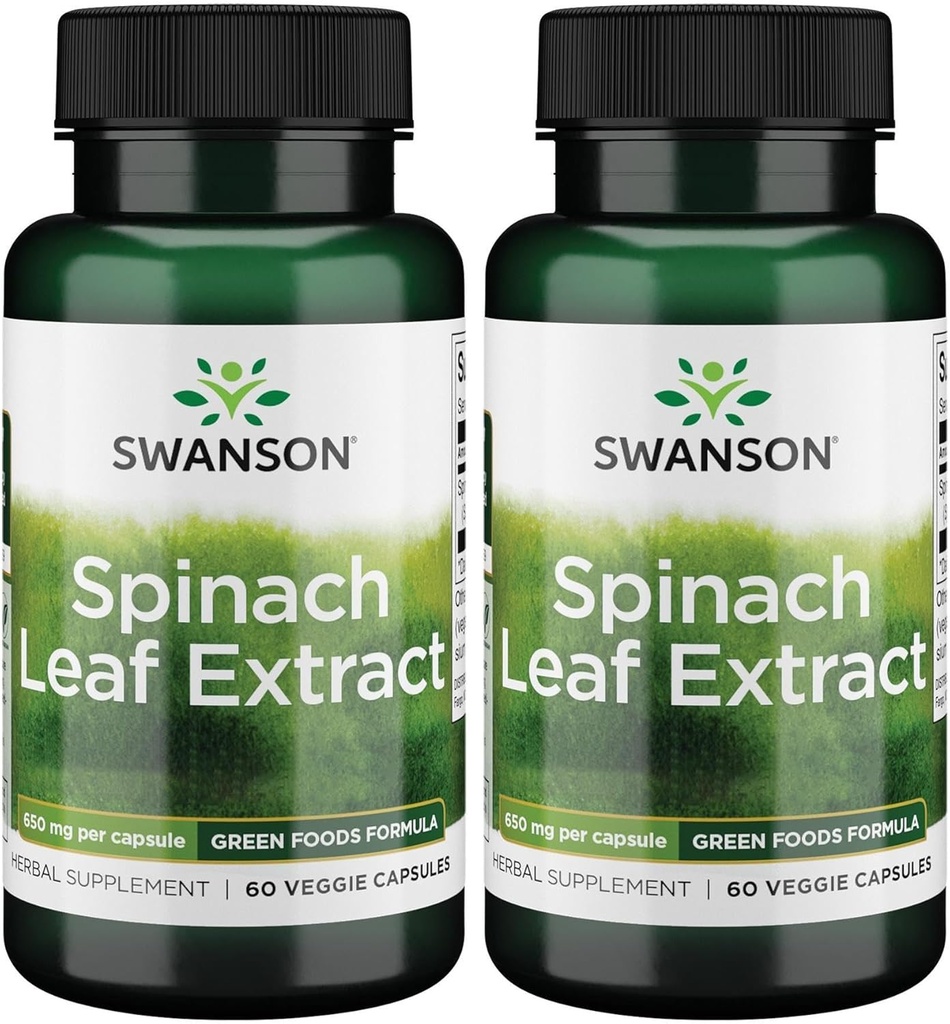 Swanson Spinach Leaf Extract - Herbal Supplement Genel Sağlık - Yeşil Gıdalar Formula w / Beneficial Thylakoids & Chlorophyll - (60 Veggie Capsules, 650 mg each) (2 Pack)