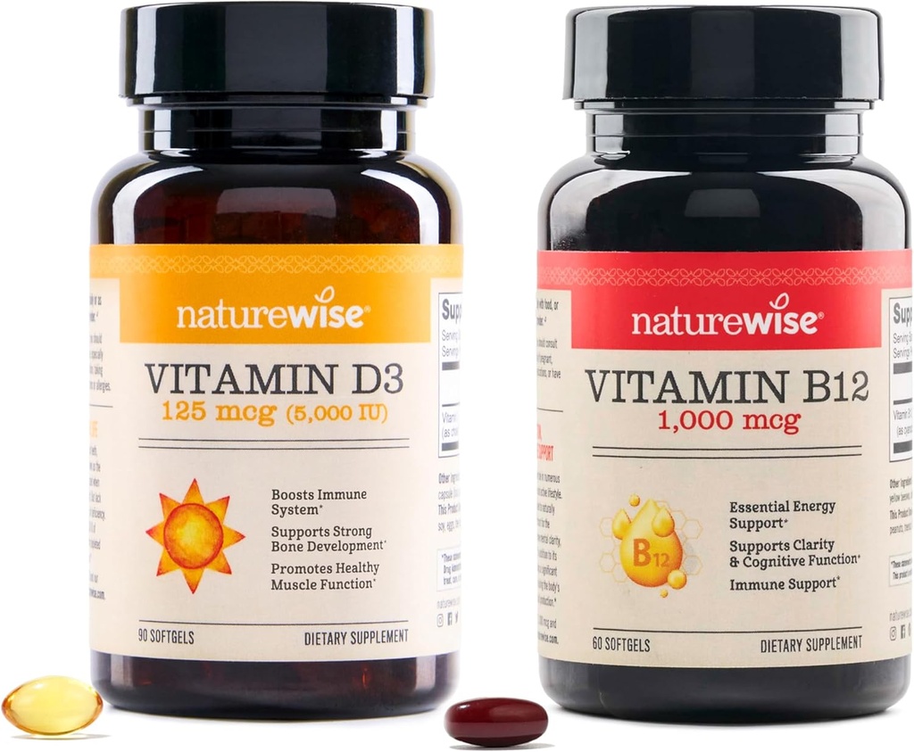 NatureWise Vitamin D3 5000iu, B12 1000 Find mental Clarity Energy Support Immune Health Non-GMO Gluten Free Olive Oil Yumuşakgels