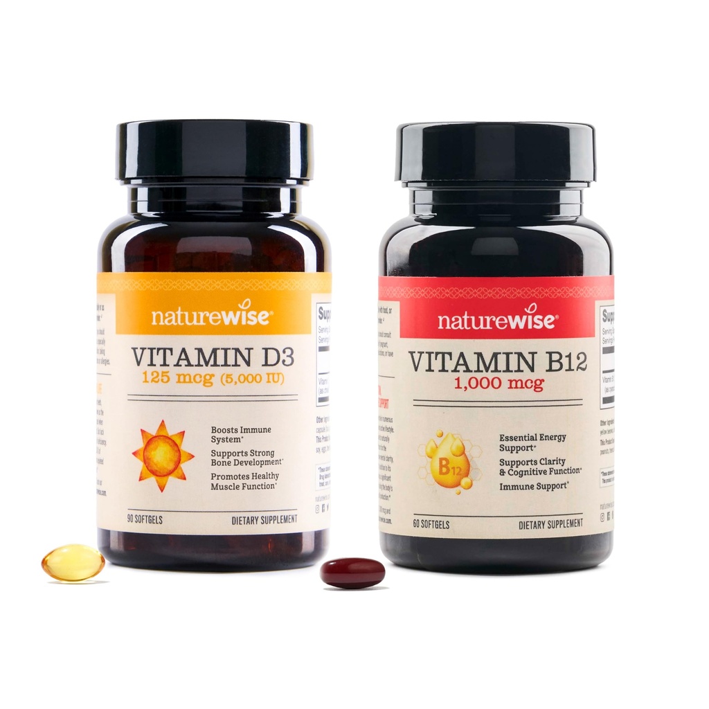 NatureWise Vitamin D3 5000iu, B12 1000 Find mental Clarity Energy Support Immune Health Non-GMO Gluten Free Olive Oil Yumuşakgels