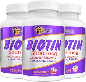Sunshine Naturals Biotin Dietary Supplement. for Healthier Skin, Thicker Hair, Nail Growth. Κολλαγόνο, Βιταμίνη Α, Β για Απώλεια μαλλιών, Ομορφιά, Ανανέωση κυττάρων, Scalp Υγεία. 5000 mcg. 90 Κάψουλες. Συσκευασία των 3