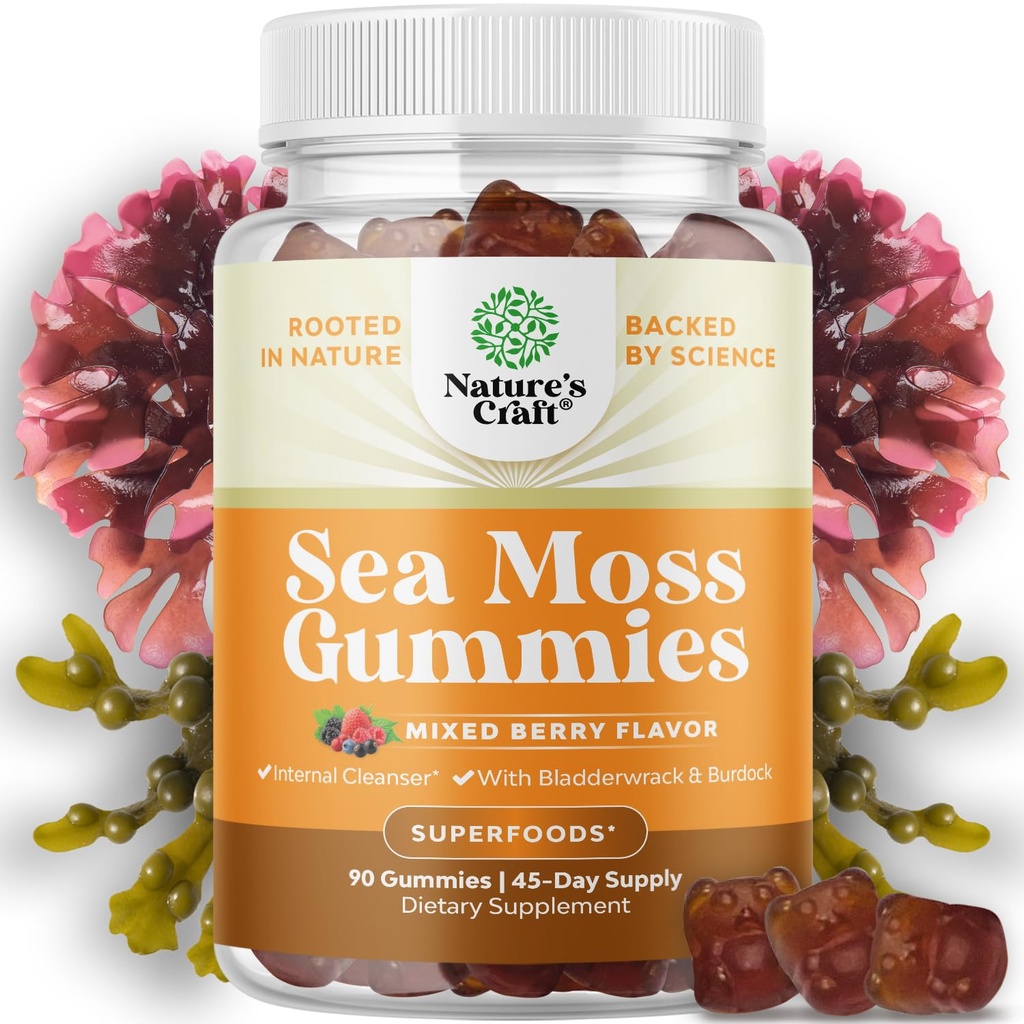 Natures Craf Irish Sea Moss Gummies for Women & Kids - Immune Support Supplement with Irish Sea Moss, Bladderwrack & Burdock Root - Detox Gummies for Body Cleanse - 90 Μασώμενες τσίχλες