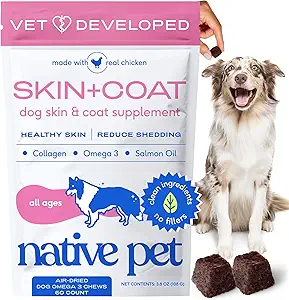 Native Pet Omega Skin and Coat Chews for Dogs - Dog Skin and Coat Supplement for Healthy, Shiny Fur, Reduce Shedding and Dry Spots - Made with Omega 3 Fish Oil and Wild-Cold Salmon Oil - 60 Chews