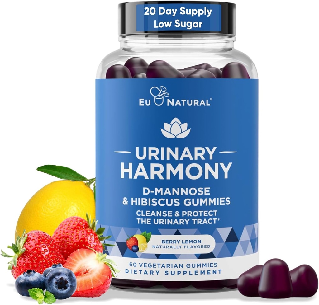 Urinary Harmony D Mannose Gummies for Urinary Tract Health – D-Mannose & Hibiscus Cleanse, Flush & Protect the Urinary System – Ισχυρή Formula, Drug Free – 60 Berry Lemon Flavor Gummies, 20 Day Supply