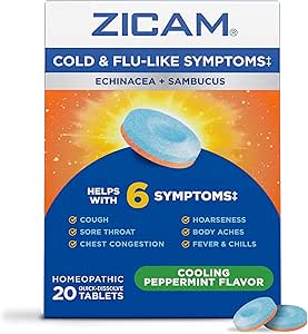 Zicam Cold & Flu-Like Symptoms with Echinacea and Sambucus, Homeopathic, Zinc, Cooling Peppermint Flavor, Helps with Cold Symptoms, 20 Tablets