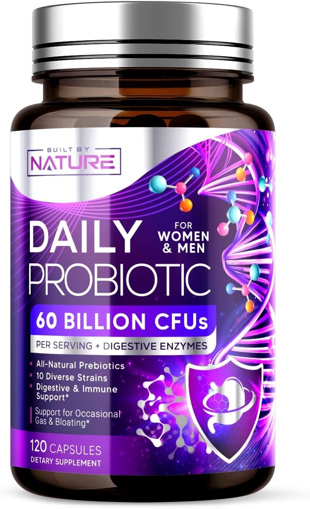 Χτισμένο από τη φύση Probiotic για γυναίκες & άνδρες – 60 δισεκατομμύρια CFU, 10 στεφάνες + προβιοτικά & ανθεκτικά ένζυμα – Υποστηρίζει Digestive, ανοσοποιητικό, μείωση αερίου & Bloating – Ράφι σταθερό, μη GMO - 120 κάψουλες
