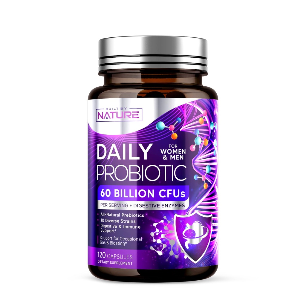 Nature Probiyotik for Women & Men – 60 Milyar CFU, 10 Strains + Prebiyotiks & Digestive Enzymes – Supports Digestive, Immune, Reduce Gas & Bloating – Raf Stable, Non-GMO - 120 Capsules