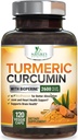 Turmeric Curcumin Supplement 2600 mg -% 95 Curcuminoids with Organic Turmeric & BioPerine Black Pepper Extract for Best Abpole, Natural Vegan Ortak Destek, ABD'de Şişelenmiş - 120 Capsules