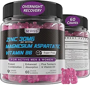 Çinko ve Magnezyum Tamam, çinko Magnezyum Aspartate Post Workout Gummies for Men Women, with Vitamin B6, B12, D3, Turmeric for Nighttime Recovery, Reduce Fatigue, Boost Immunity & Sleep, 60 Count