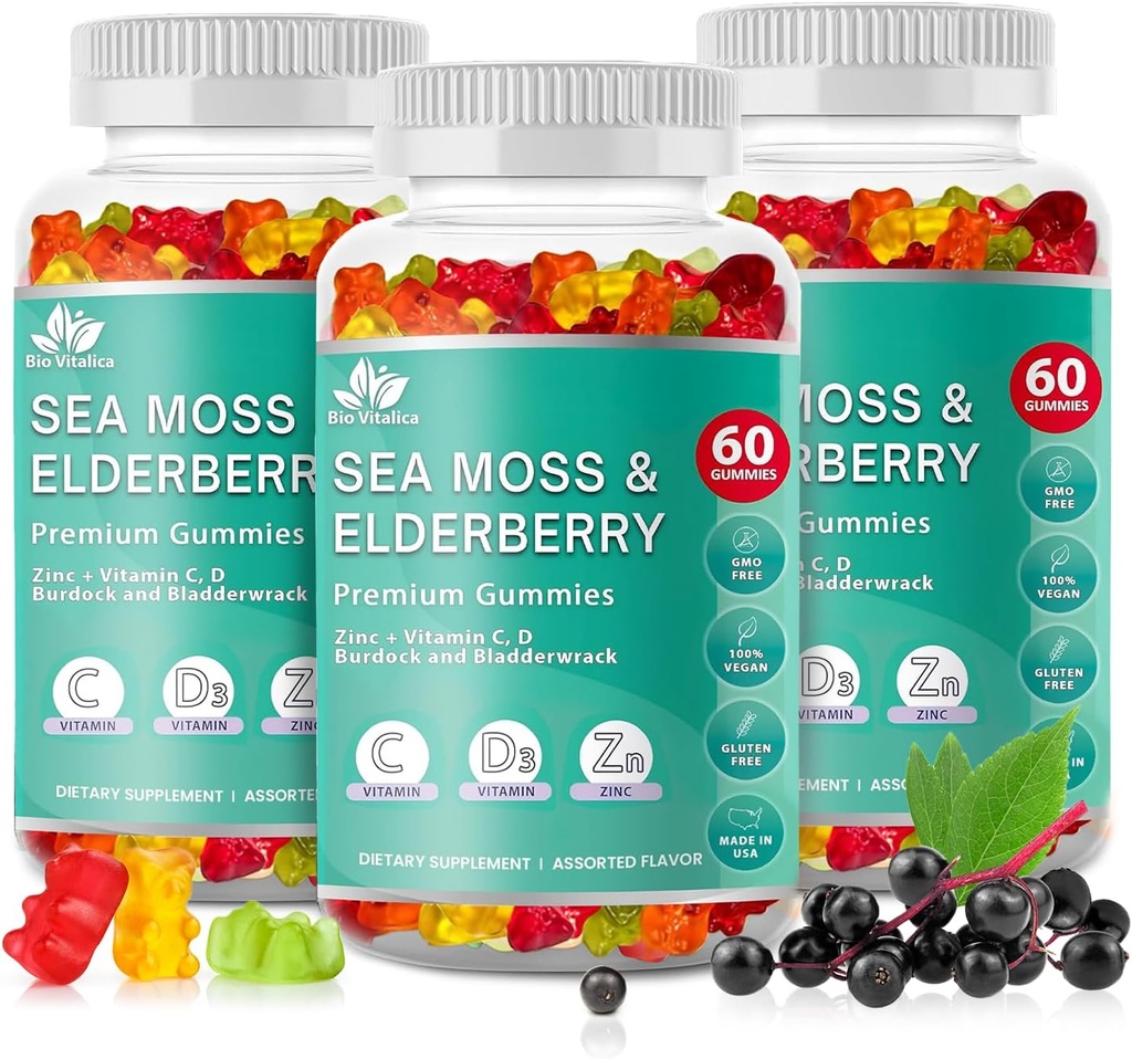 BIO VITALICA Deniz Moss Gummies Elderberry BioVitalica - C D + çinko - İrlandalı Seamoss Vegan Gummy with Sea Moss Gel & Toz for Immunity, Detox - Yetişkinler ve Çocuklar için (3Packs)