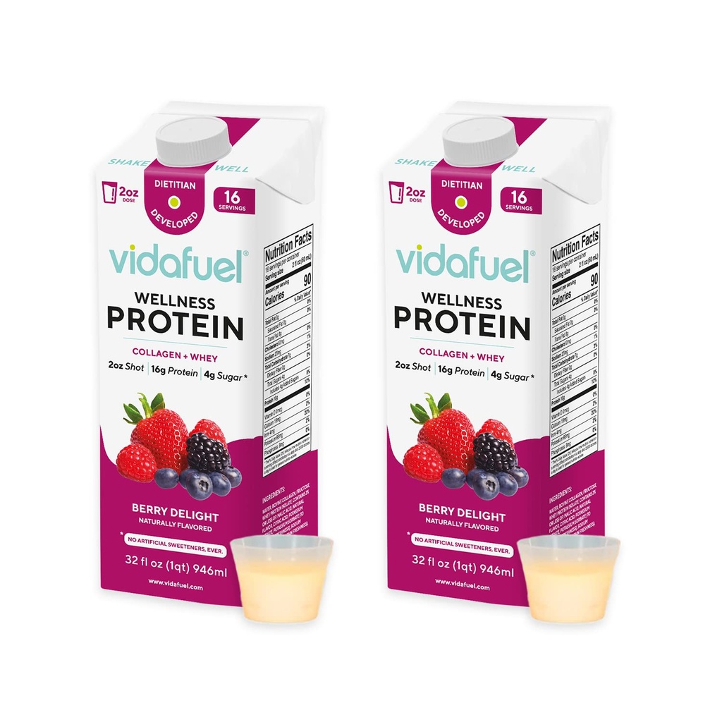 Vidafuel Wellness Protein Drink, 16g Πρωτεΐνη ανά 2oz Shot, 32 fl oz Carton, 2 Pack, Berry, Collagen και Whey Drink, Δεν Τεχνητά γλυκαντικά