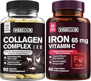 Collagen The ve Iron Sche, 2025 MG Collagen, Zero Sugar, 65 MG Elemental Iron, Carbonyl Iron C vitamini ile, Stomach'ta Nazik