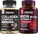Collagen The ve Iron Sche, 2025 MG Collagen, Zero Sugar, 65 MG Elemental Iron, Carbonyl Iron C vitamini ile, Stomach'ta Nazik