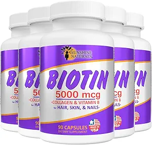 Sunshine Naturals Biotin Dietary Supplement. for Healthier Skin, Thicker Hair, Nail Growth. Collagen, Vitamin A, B for Hair Loss, Beauty, Cell Renewal, Scalp Health. 5000 mcg. 90 Capsules. Pack of 5