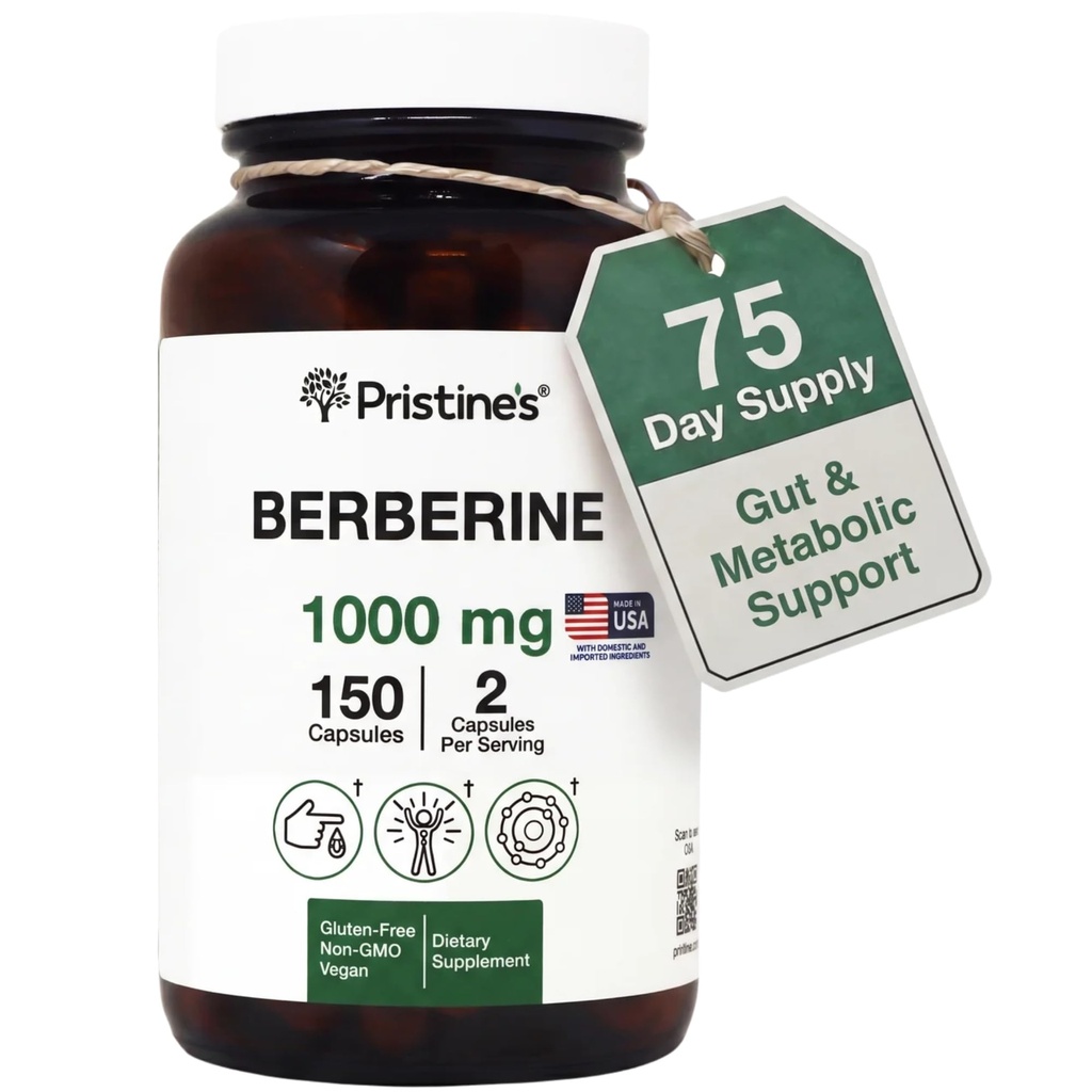 PRISTINE'S Berberine Supplement Capsules - 1000 MG 75 Day Supply 150 Capsules - Heart, & Immunity Health Support Antioxy - Digestive Tract & Health Gut Flora Support