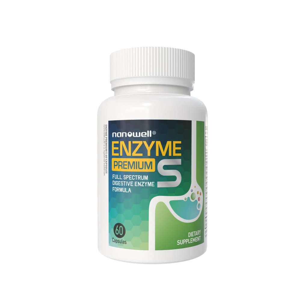 NANOWELL Enzyme Premium S - Digestive Health Multi-Enzyme Supplement with 10 Enzymes, Including Bromelain and Papain - 60 Capsules, 60-Day Supply