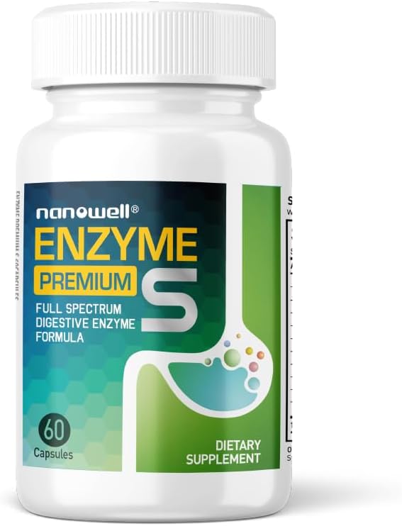 NANOWELL Enzyme Premium S - Digestive Health Multi-Enzyme Supplement with 10 Enzymes, Including Bromelain ve Papain - 60 Capsules, 60-Day Supply