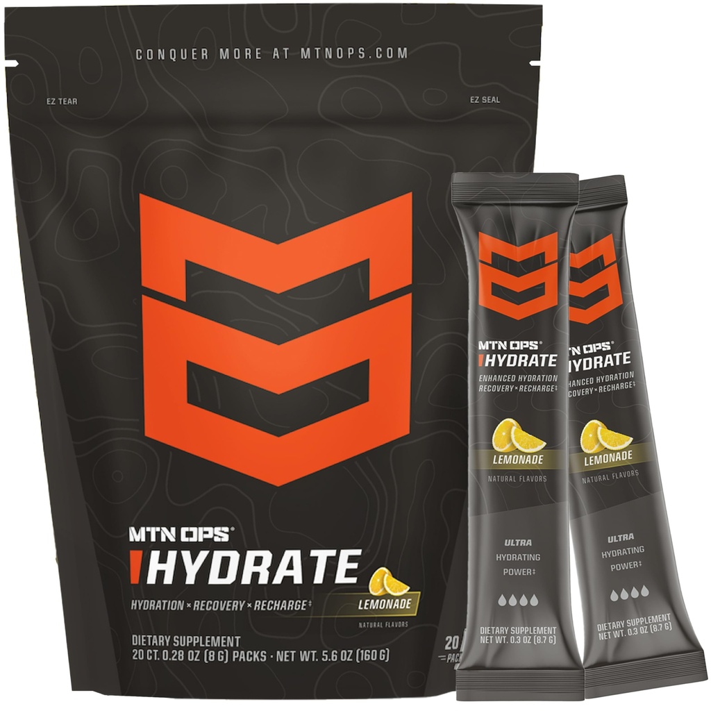 MTN OPS Hydrate Electrolytes Toz İçecek Mix, 20 Single On-Go Electrolyte Packs with Over 1000 mg of Electrolytes per Service, Lemonade