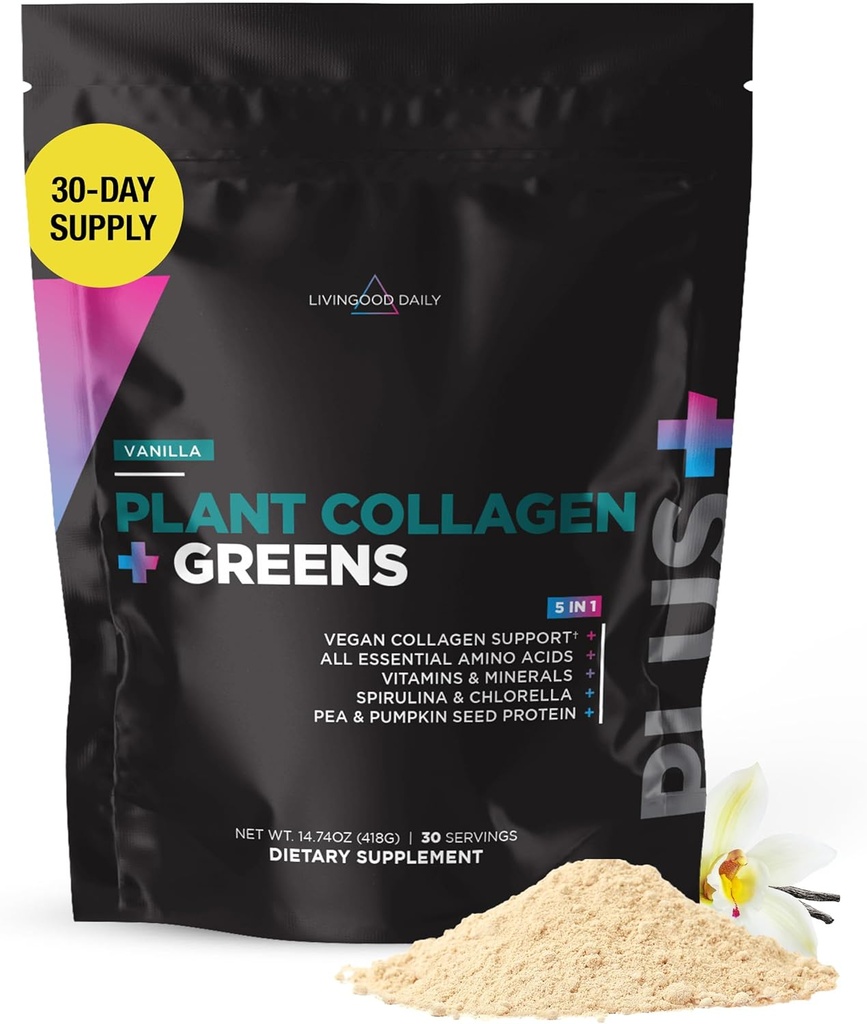 Livingood Daily Plant Collagen + Greens Toz, Vanilla Flavor, 5-in-1 Collagen Support with Pea Protein, Amino Asits, Spirulina, Chlorella & Vitamin C, Saç Skin Nails Desteği, Vegan, 30 Hizmet