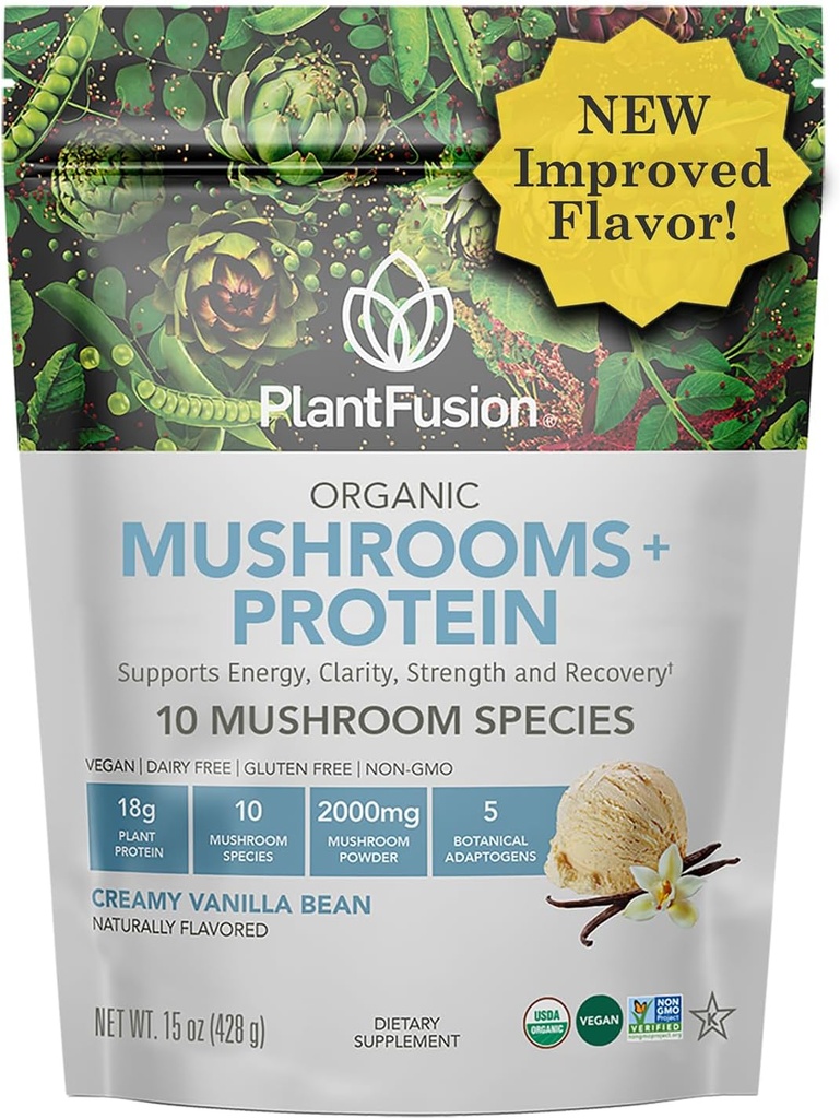 Φυτική έγχυση Mushroom Protein Powder - 3 σε 1 Vegan Protein Powder, Mushroom Supplement, and Adaptogen Supplement - Υποστήριξη Ψυχική Εστίαση, Ανοσία, και Ανάκτηση - Vanilla 1lb
