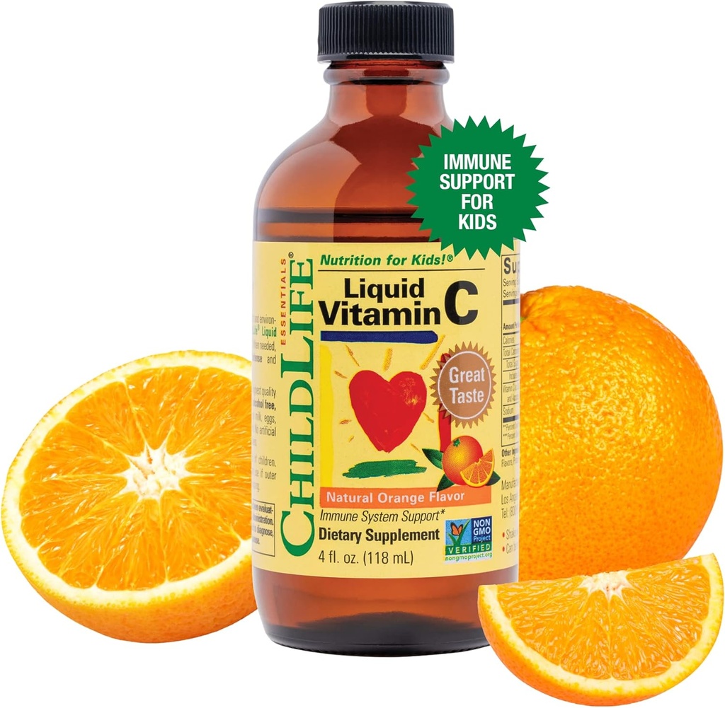 ÇOCUKLIFE ESSENTIALS Sıvı Vitamin C - Çocuklar için Saf Vitamin C Sıvı Supplement, Toddlers, & Bebekler, Immune System Support, Natural Orange Flavor, 4 Fl Oz (kırıklıkta)
