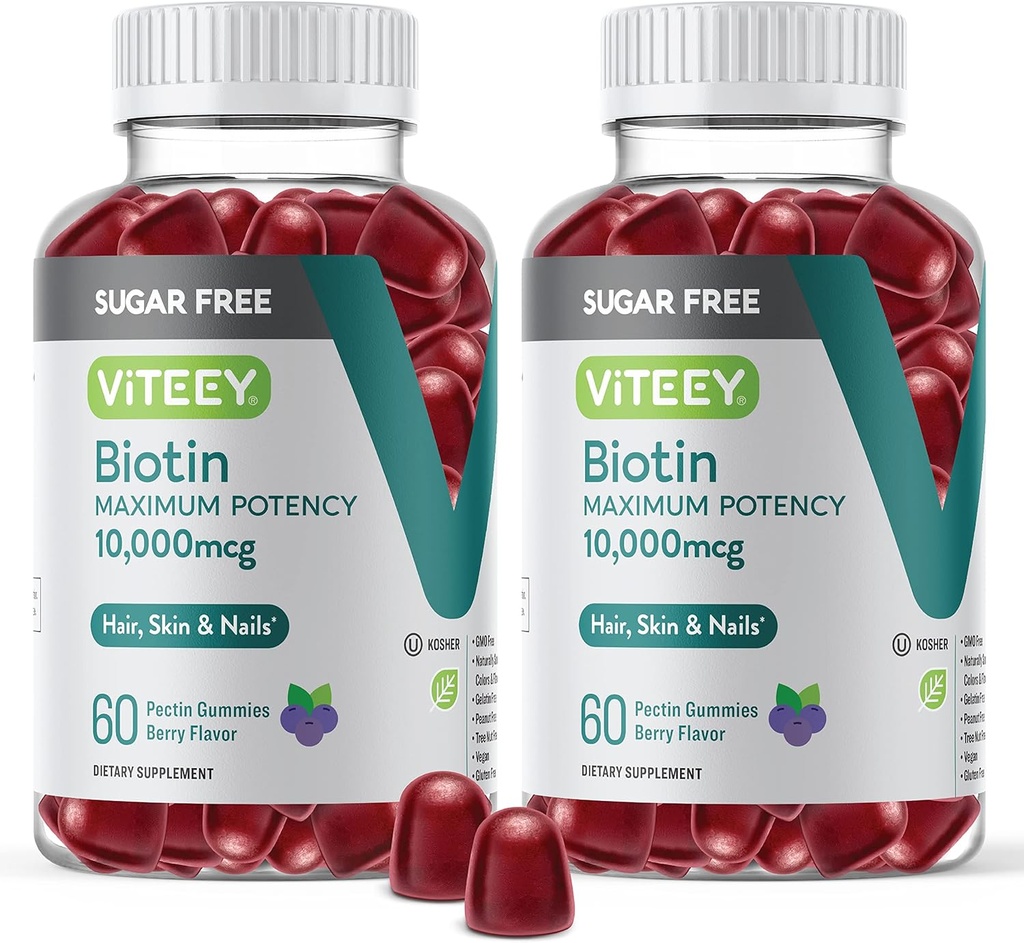 Viteey Biotin Gummies for Hair, Skin, and Nails 10.00006 - Sugar Free - Saç Büyüme Gummies, Sağlıklı Skin Glow, Güçlü Sağlıklı Çiçeği Büyüme - Vegan, Gluten Free, Gelatin Free- Tasty Berry Flavor